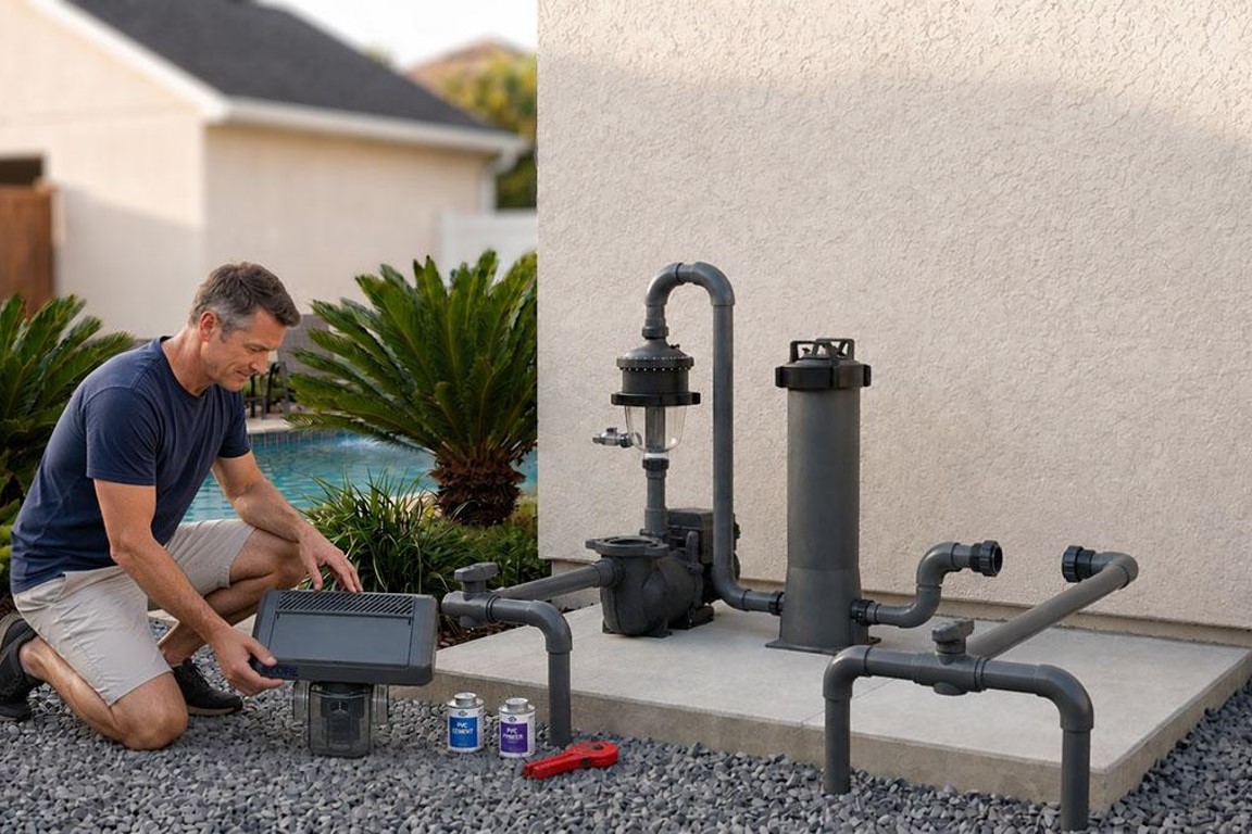 Diagram showing where a salt chlorinator goes in a pool's equipment pad: pump, filter, heater, then salt cell