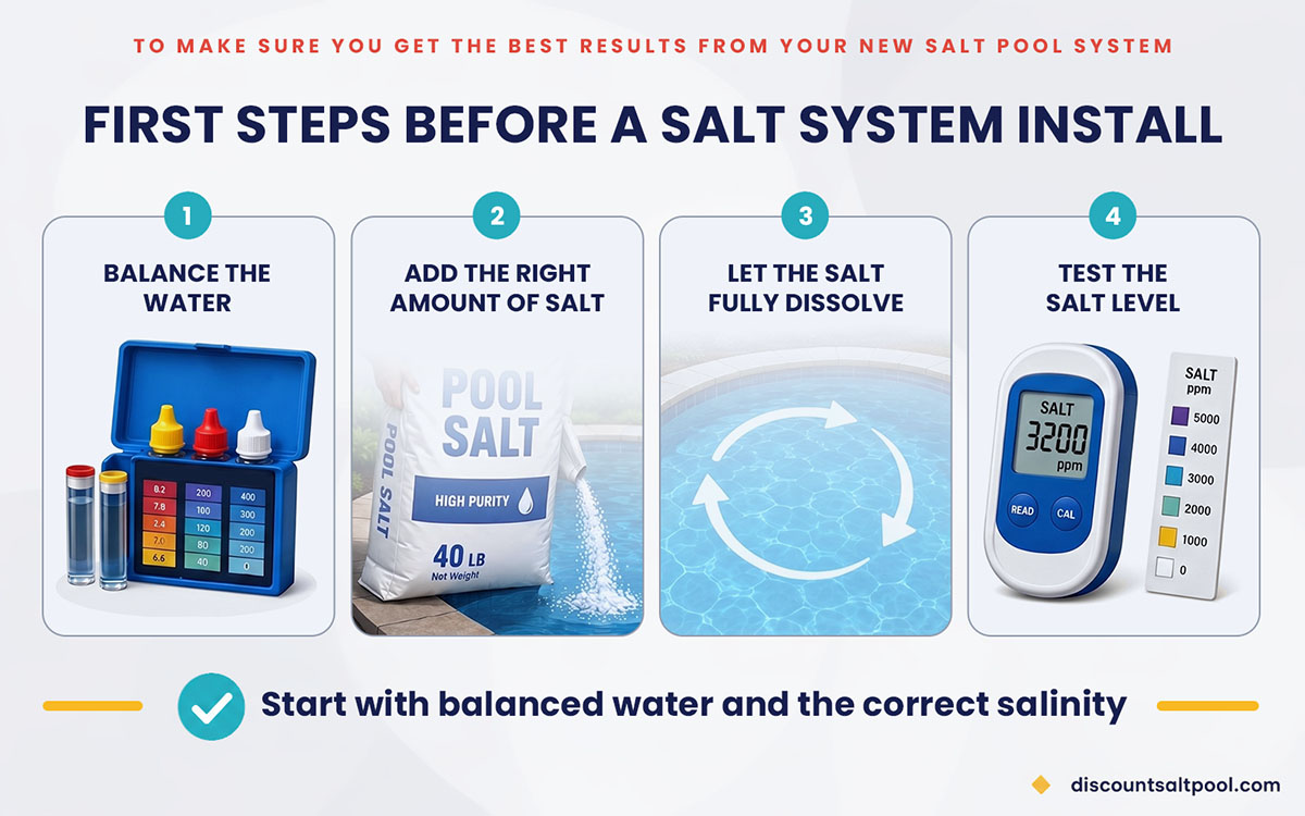 Diagram showing where a salt chlorinator goes in a pool's equipment pad: pump, filter, heater, then salt cell